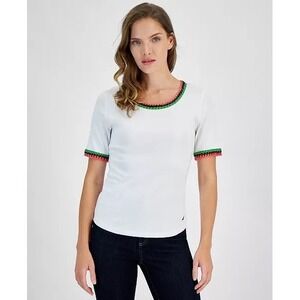 Nautica Jeans Women's White Crocheted Trim Knit TShirt Size L NWT‎